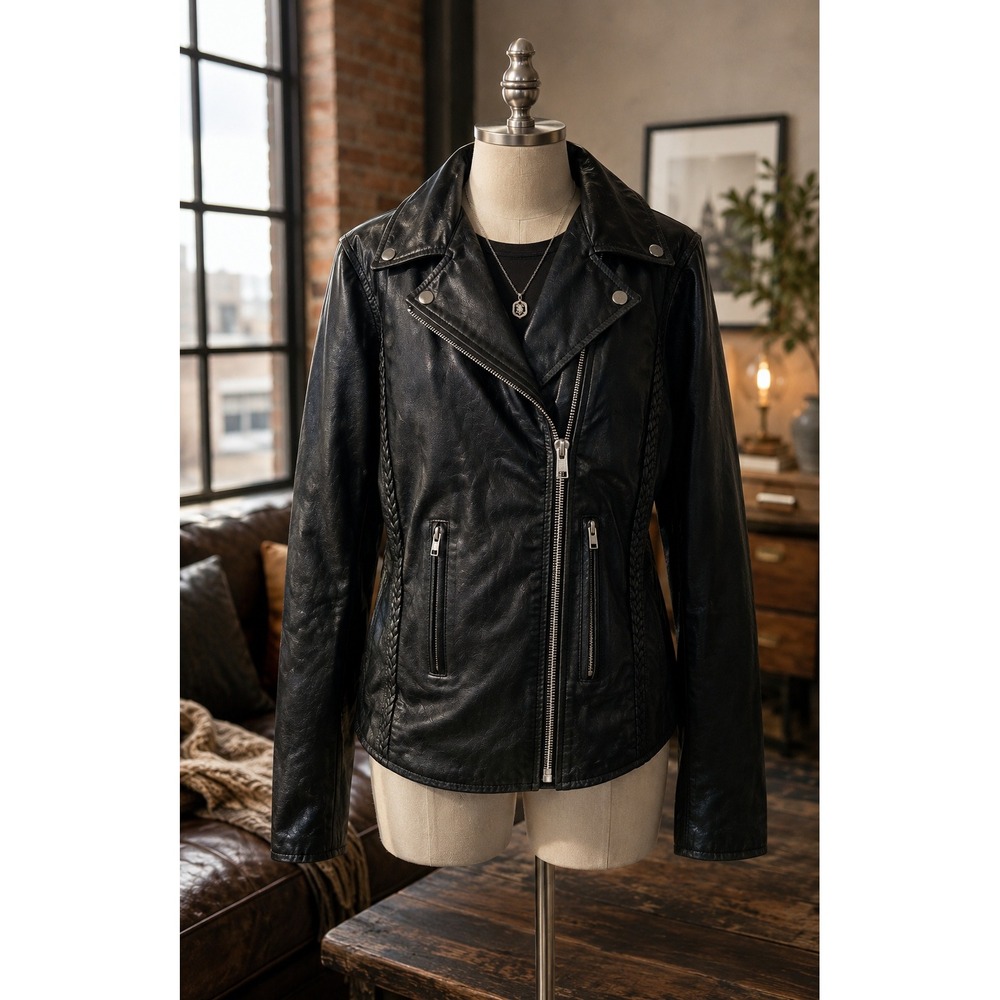 Viking Cycle Womens Black Genuine Leather Moto Biker Jacket XL Braided Detail